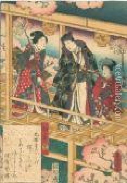 Genji Z Kobieta I Dziewczynka Niosacymi Galazki Kwitnacej Wisni Oil Painting - Kunisada