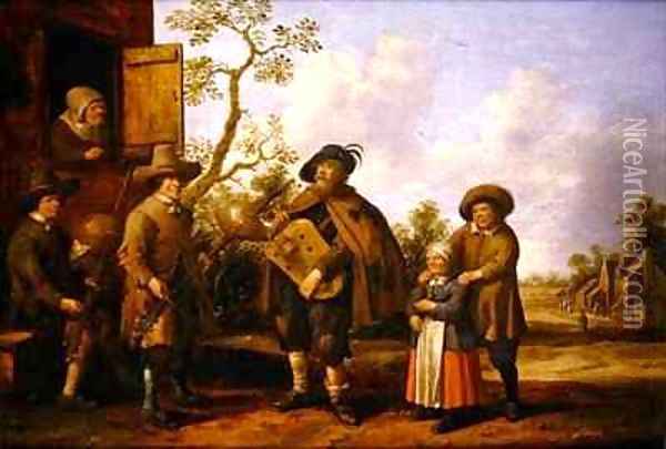 A Hurdy Gurdy Player and other Musicians before a Cottage Oil Painting - Joost Cornelisz. Droochsloot