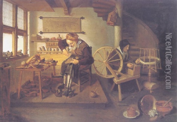A Cobbler At Work, His Wife Spinning Wool Oil Painting - Quiringh Gerritsz van Brekelenkam