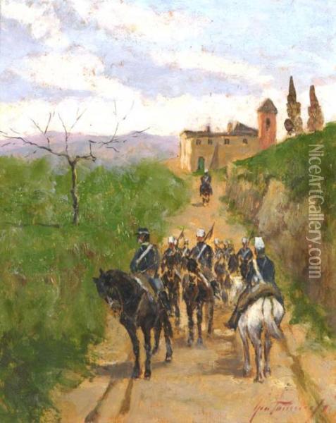 Soldati A Cavallo Oil Painting - Gino Tommasi