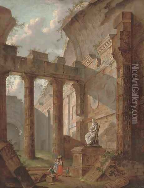 A capriccio of classical ruins with figures by a statue Oil Painting - Hubert Robert