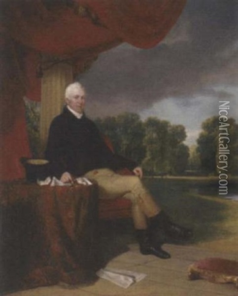 Portrait Of James Campbell Of Hampton Court House In A Black Jacket And Cream Breeches Oil Painting - William Collins