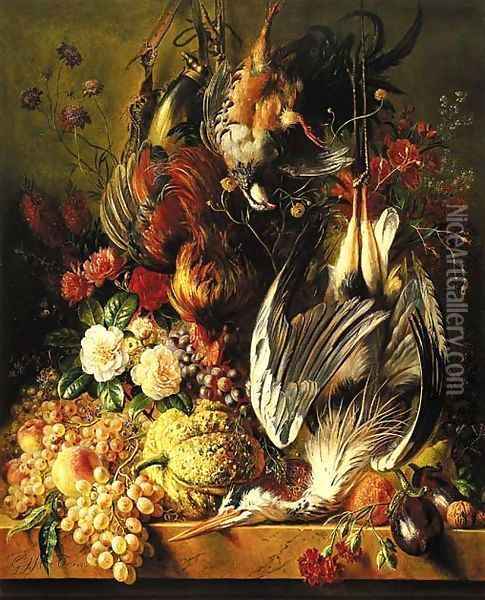 A still life of a heron, a cockerel, a partridge, grapes, a melon and flowers on a ledge Oil Painting - George Jacobus Johannes Van Os