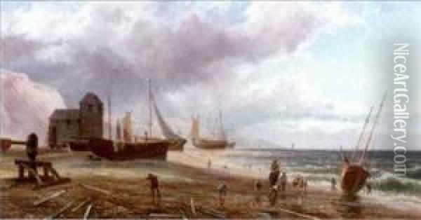 Bringing In The Catch - Fishermen At Shore Oil Painting - William Collins