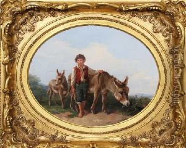Boy With Two Donkeys 'h. Park 1855' Oil Painting - Henry Hillier Parker