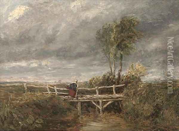 A woman crossing a wooden bridge in a stormy landscape Oil Painting - David Cox