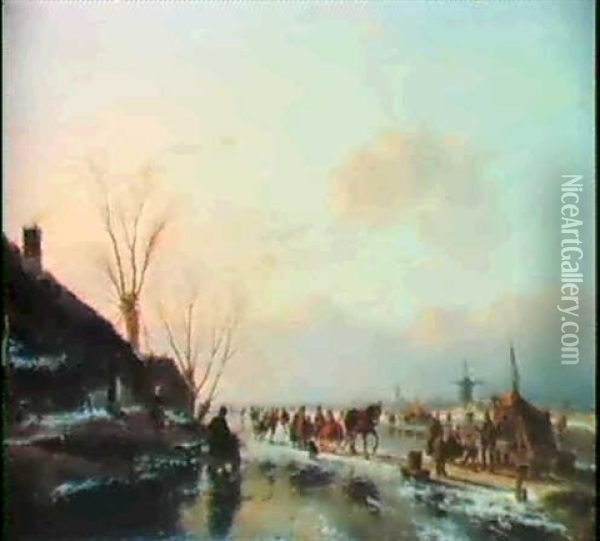 Skaters By A Booth On A Frozenriver Oil Painting - Andreas Schelfhout