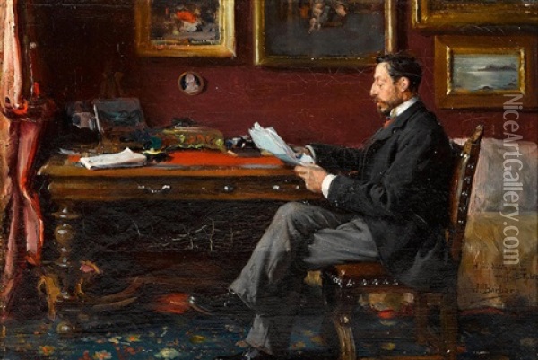 Portrait Of A Man, Probably E. Fulde, Reading At His Desk Oil Painting - Joaquin Barbara y Balza