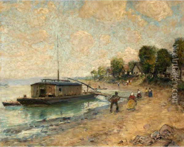 Figures Near A Boat On The Shores Of The River Donau Oil Painting - Ignac Ujvary