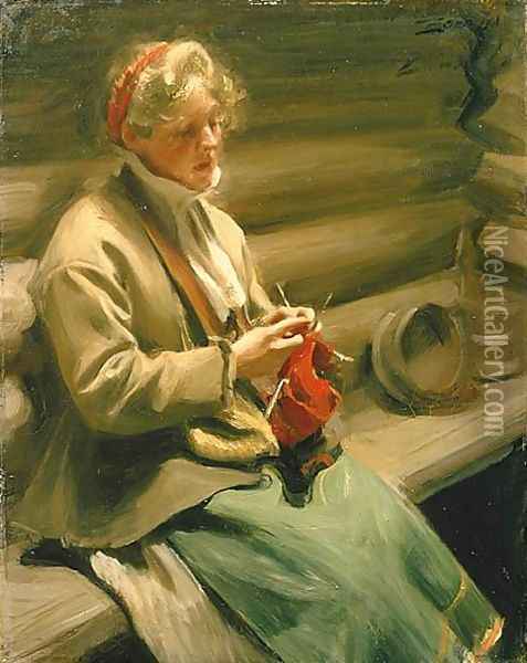 Girl from Dalecarlia knitting Oil Painting - Anders Zorn