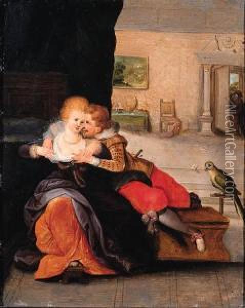 A Couple Embracing In An Interior Oil Painting - Cornelis de Baellieur