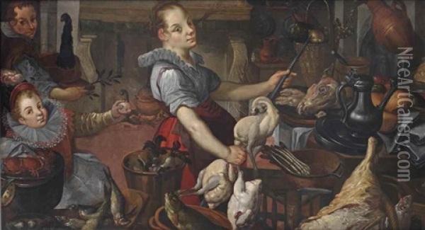 A Kitchen Scene With A Girl And Two Boys Cooking Ducks Oil Painting - Joachim Beuckelaer