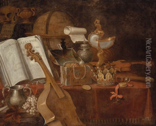 A Vanitas Still Life With An Open Book, A Globe, A Nautilus Goblet, A Violin And Precious Objects Oil Painting - Edward Collier