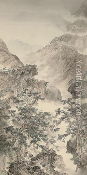 Figures In A Mountain Pass Oil Painting - Shisen Hashidate