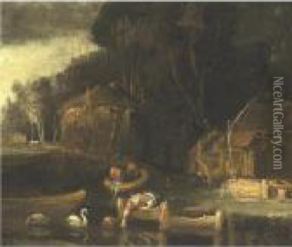 Landscape With A Farm Oil Painting - Rembrandt Van Rijn
