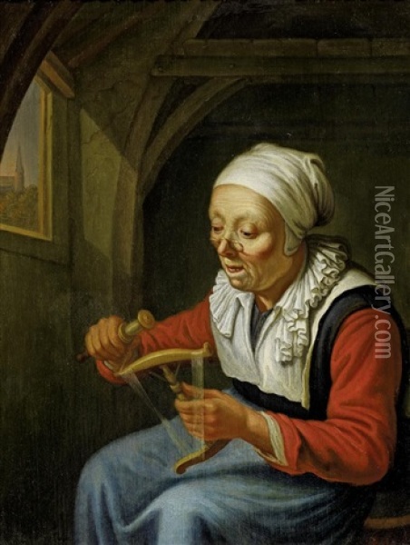 Frau Mit Spindel (+ Der Gelehrte; 2 Works) Oil Painting - Dominicus van Tol