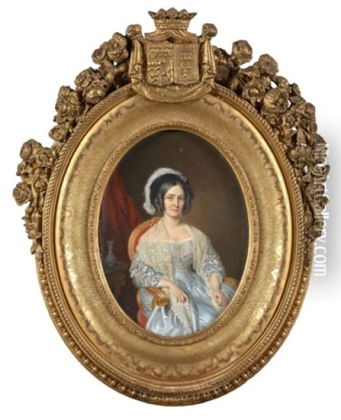 Portrait D'eugenie De Coucy Assise, A La Robe Blanche Oil Painting - Paul Gomien