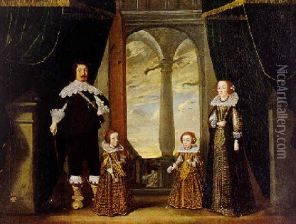 Portrait Of A Nobleman And His Wife And Their Two Daughters In An Interior Oil Painting - Wolfgang Heimbach