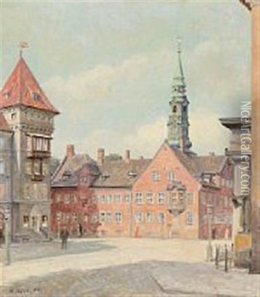 View From Norregade With The Church Of Our Lady, Copenhagen Oil Painting - Heinrich Dohm