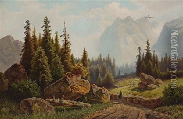 Wanderer In Gebirgslandschaft Oil Painting - Theodor (Wilhelm T.) Nocken