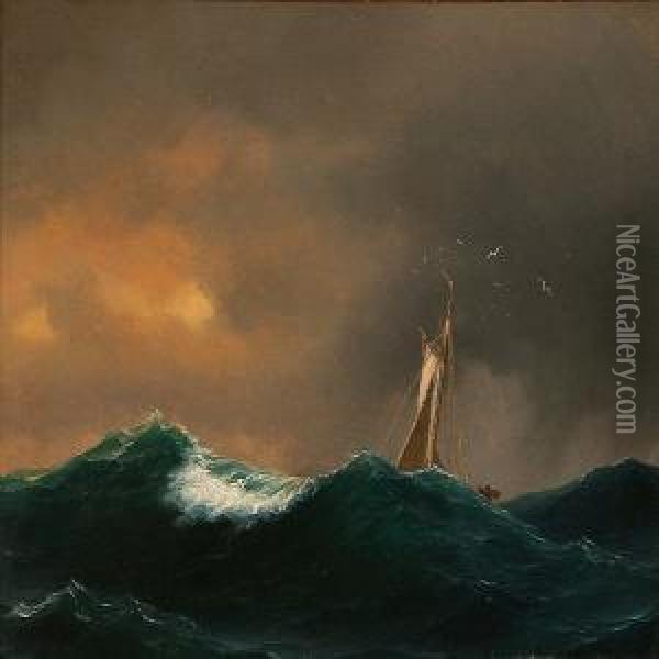Seascape With A Sailing Ship In High Waves Oil Painting - Anton Melbye
