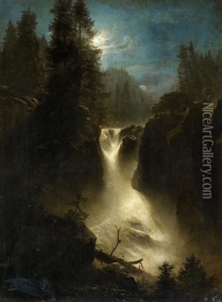 Moonlit Alpine Landscape Oil Painting - Oswald Achenbach