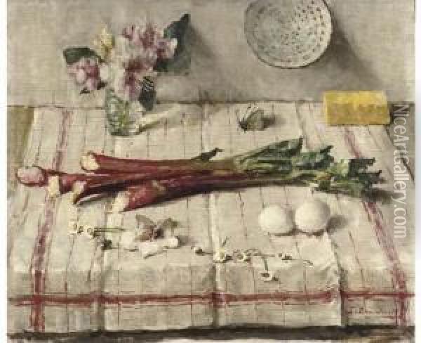 Voorjaar - A Still Life With Rhubarb, Eggs, Flowers And A Butterfly Oil Painting - Lucie Van Dam Van Isselt