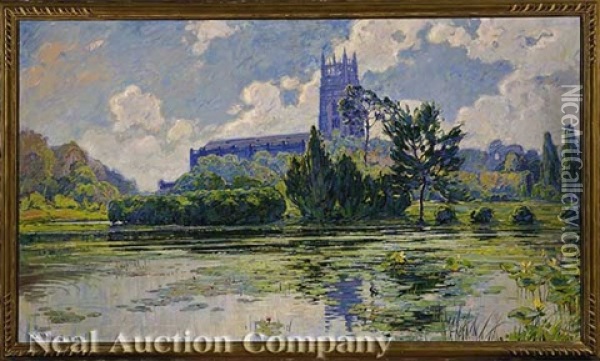 View Of Holy Name Of Jesus Church From Audubon Park Oil Painting - Ellsworth Woodward