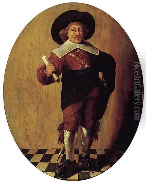 An officer, standing small full-length, holding a document in his right hand Oil Painting - Pieter Codde