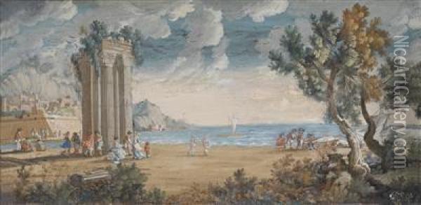 Figuren Vor Ruinen An Einem Hafen Oil Painting - Johann Konig