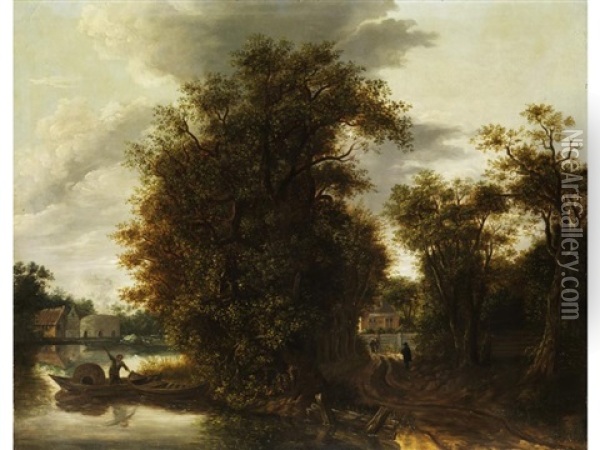 Abendliche Baumlandschaft Mit Fluss Und Gebaude Im Hintergrund Oil Painting - Frans de Hulst