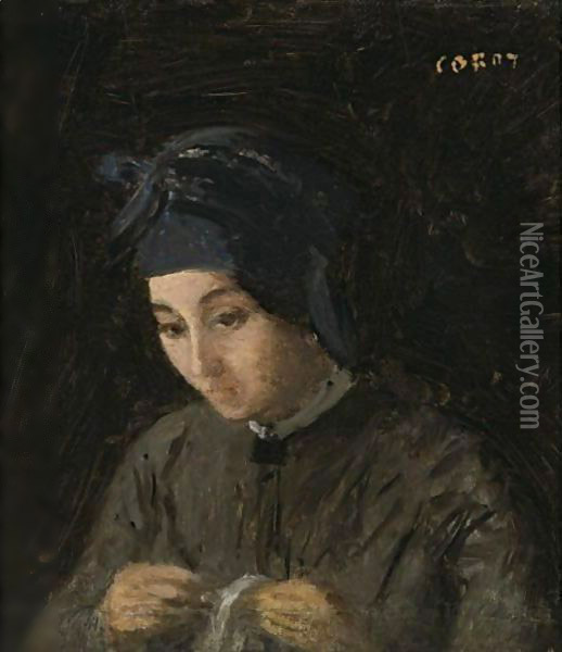 Jeune Fille Cousant Oil Painting - Jean-Baptiste-Camille Corot