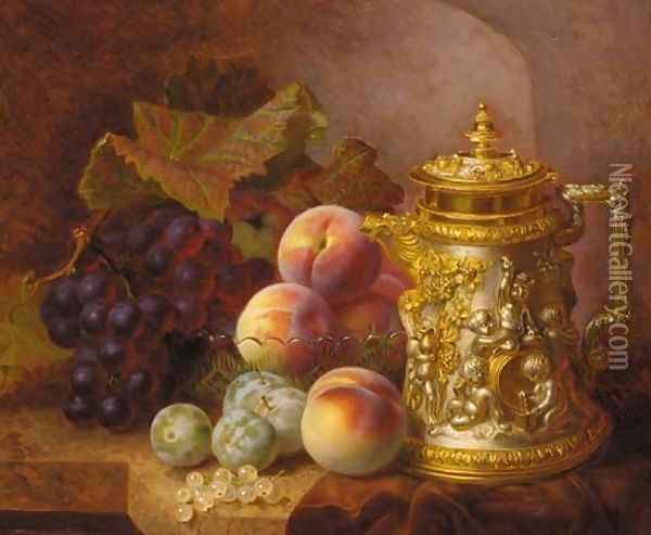 Black grapes, peaches, greengages and whitecurrants beside an ornamental gilded tankard with bacchanalian decoration Oil Painting - Eloise Harriet Stannard