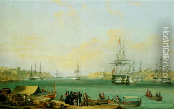 English Fleet In The Harbor Of Valetta, Malta Oil Painting - Joseph Schranz