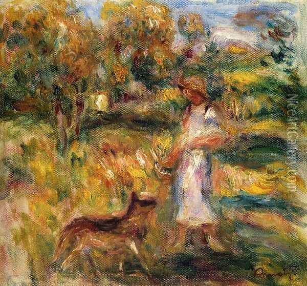 Woman In Blue And Zaza In A Landscape Oil Painting - Pierre Auguste Renoir