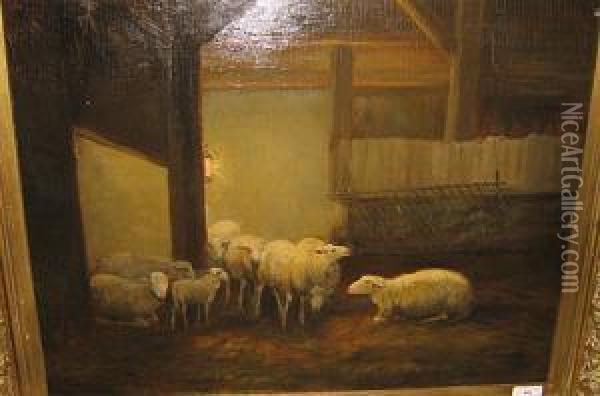 Moutons A La Bergerie Oil Painting - Jean-Baptiste Van Leemputten