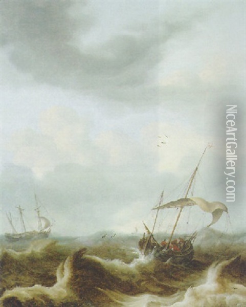 A Kaag And A Fluyt In A Storm Oil Painting - Pieter Mulier the Younger