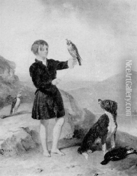 A Boy With Falcons, A Spaniel And Game In A Highland Landscape Oil Painting - Abraham Cooper