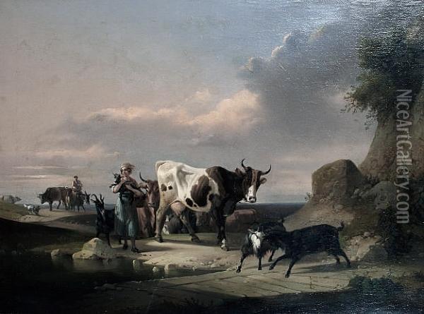 Figures, Cows And Goats Beside A River Oil Painting - Eugene Joseph Verboeckhoven