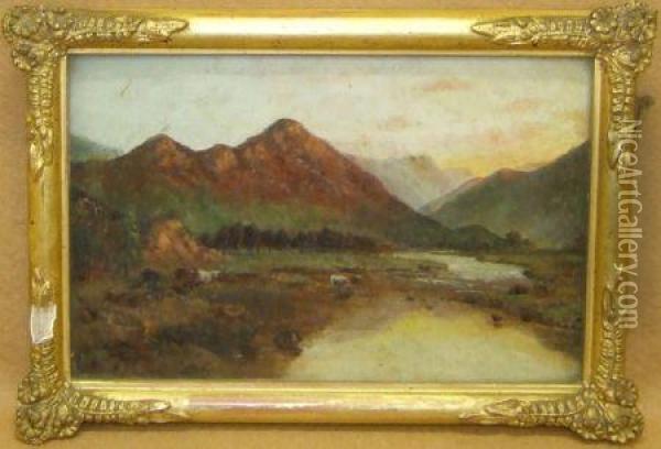 Mountain River Landscape With Cattle Watering Oil Painting - J. De Breanski