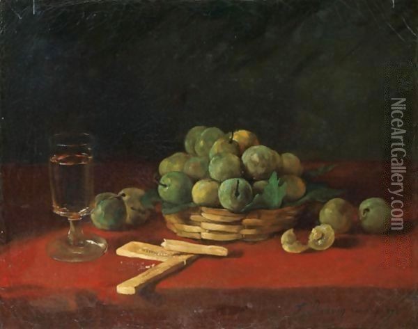 Still Life With Greenages, Biscuits And Glass Oil Painting - Francois Bonvin
