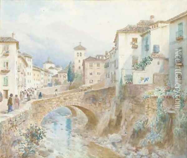 Figures by a bridge at Granada, Spain Oil Painting - Henry B. Wimbush