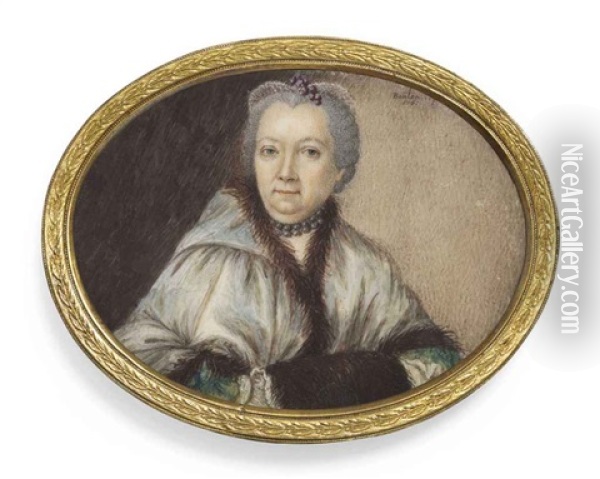 A Lady, In Fur-bordered Light-green Hooded Cape Over Green Dress With White Cuffs, Her Hands In A Brown Fur Muff, Wearing A Double Pearl Necklace Oil Painting - Guillaume Gabriel Bouton