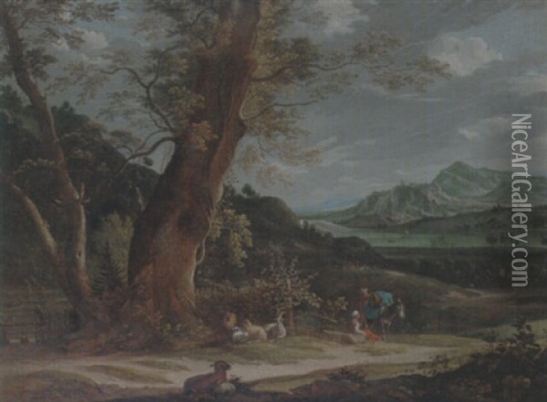 A Rhenish Landscape With Drovers Resting With Their Animals Oil Painting - Johann Christoph Von Bemmel