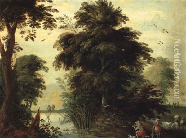 Landscape With Hunters And Travellers In Foreground Oil Painting - Jasper van der Laanen