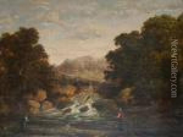 Two Fishermen By A Wooded River Oil Painting - Edward Jr Williams