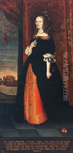 Portrait Of Lady Maria Tork, Wearing A Black Dress With White Cuffs Over A Red Skirt, With A View Of Castle In Background Oil Painting - Harmen de Bye