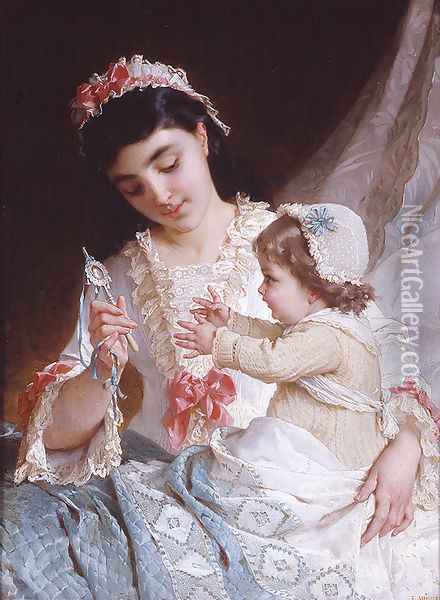 Distracting The Baby Oil Painting - Emile Munier