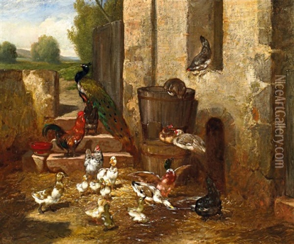 Huhner, Enten Und Ein Pfau Hinter Dem Stall Oil Painting - Philibert-Leon Couturier