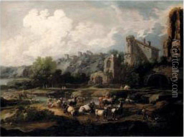 An Italian River Landscape With Drovers And Their Animals, A Town Beyond Oil Painting - Gaetano De Rosa